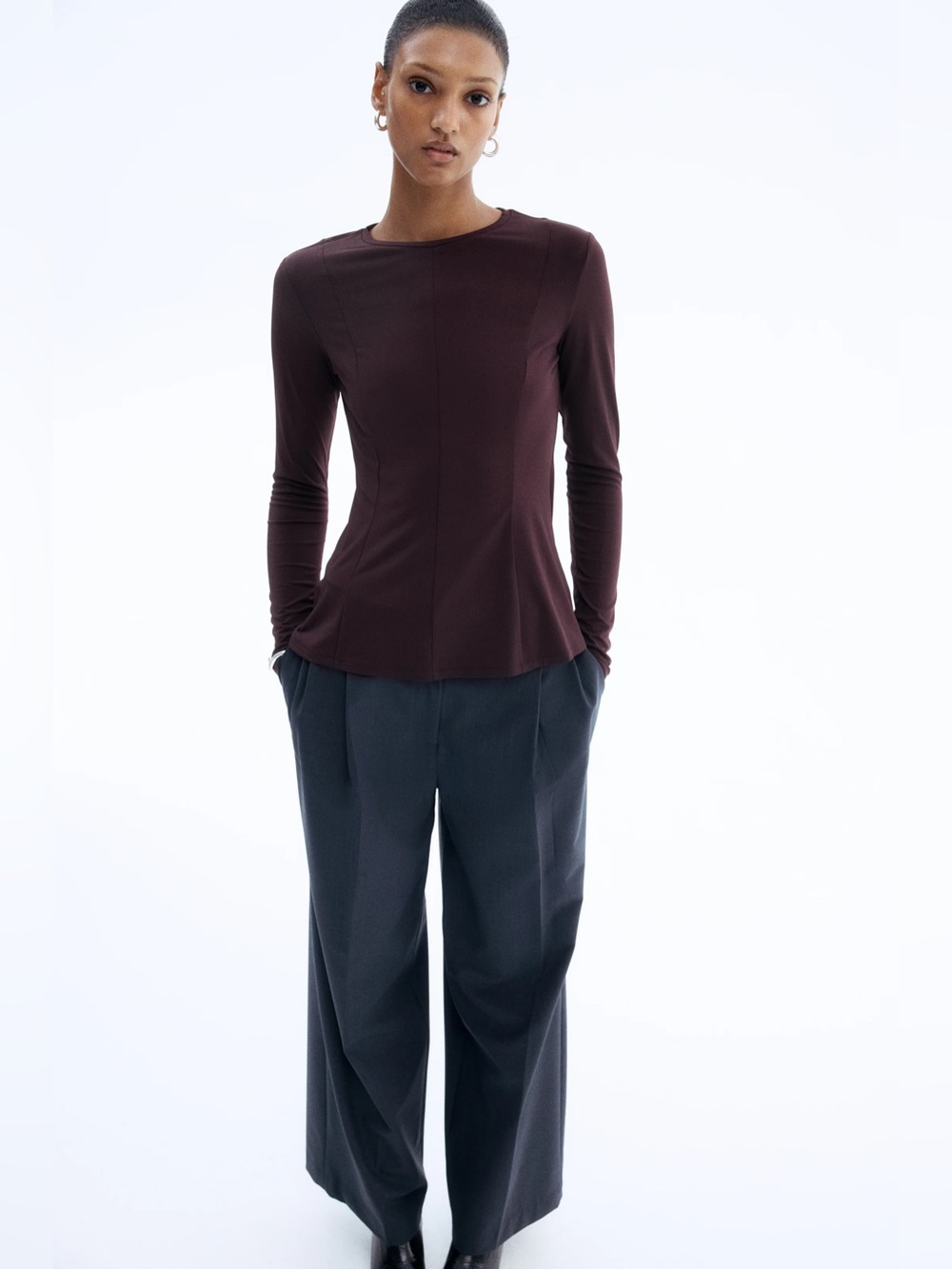 NWT H&M Crepe Jersey Peplum Top Brown Long Sleeve Size Small